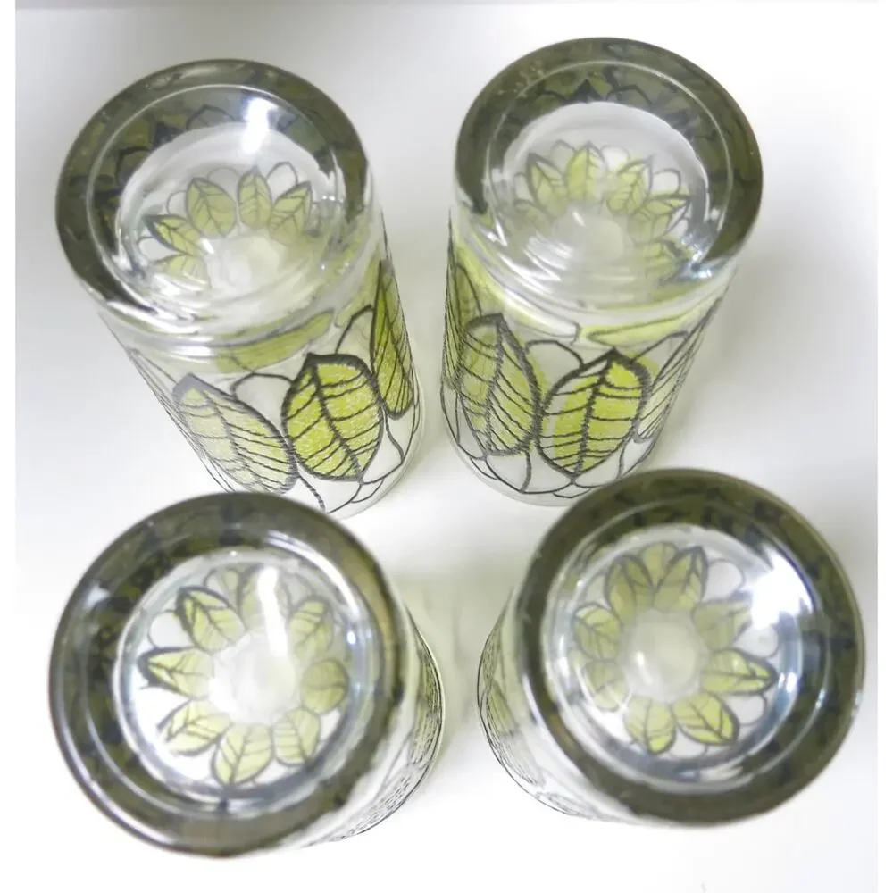 Vintage Continental Can Co Glasses Set 4 Stained Glass Leaf Gold Rim Retro